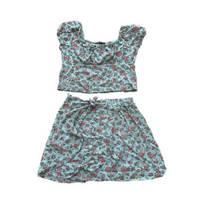 Floral Crop Top and Skirt Set Green and Pink Girl's Extra Large